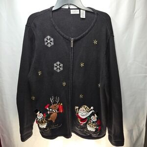 Ugly Christmas Cardigan Black 20/22 Vintage Santa Deer Snowman Skiing